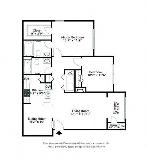 Floor plan for 2 beds, 2 baths, 1107 sqft